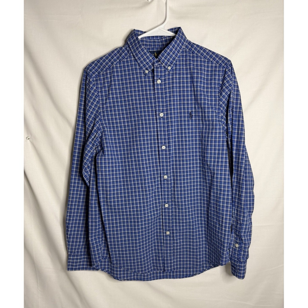 Ralph Lauren Youth XL Blue/White Plaid Natural Stretch Long Sleeve Button-Down